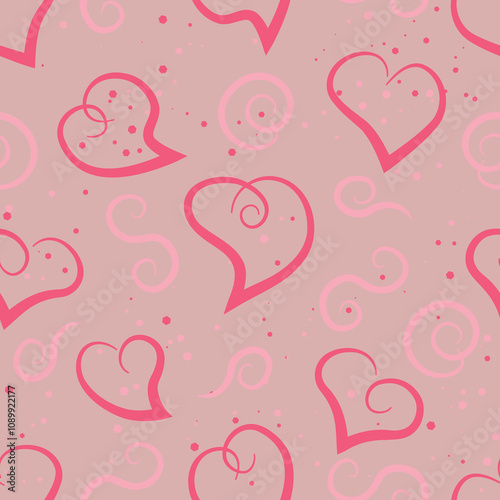Pink  hearts and curls on a light pink background, seamless vector pattern
