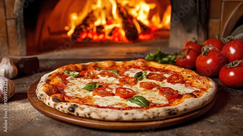 A delicious pizza baking in a traditional wood-fired oven, with molten cheese and crispy crust glowing under the intense heat photo