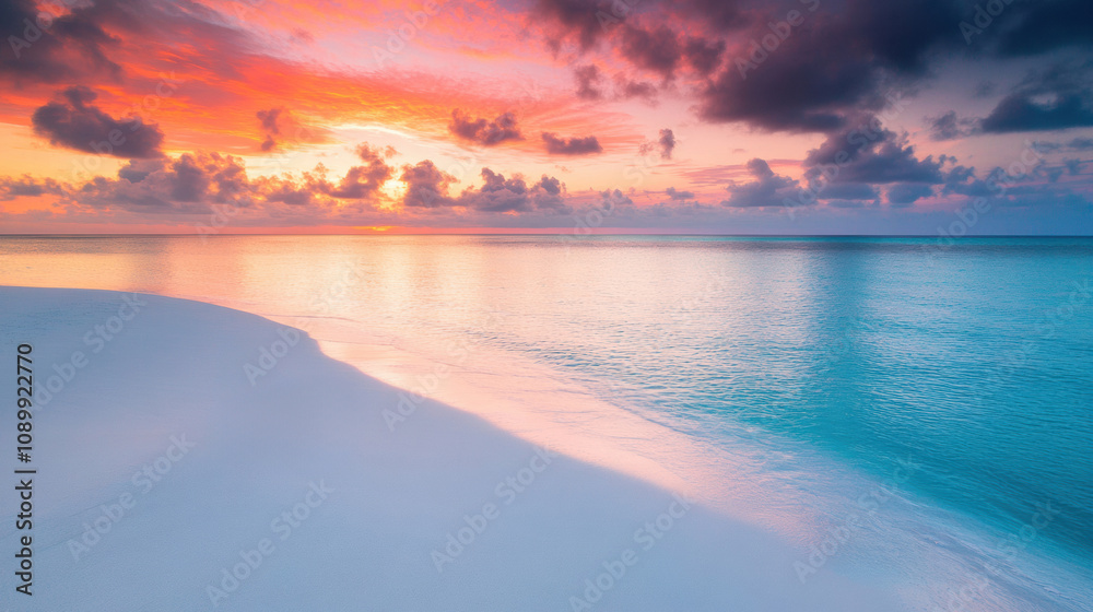 Obraz premium Vibrant sunset over a tranquil beach with colorful skies and calm waters, AI