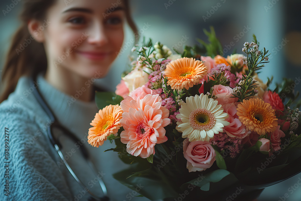 Naklejka premium A heartfelt scene of a person giving a bouquet of flowers to a healthcare worker in a hospital, expressing gratitude and appreciation for their service.