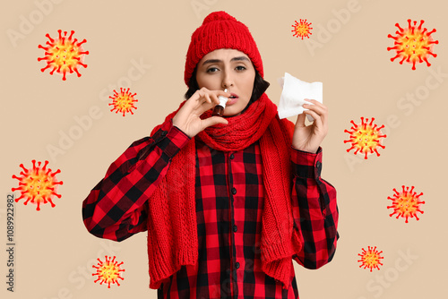 Sick young woman with nasal...