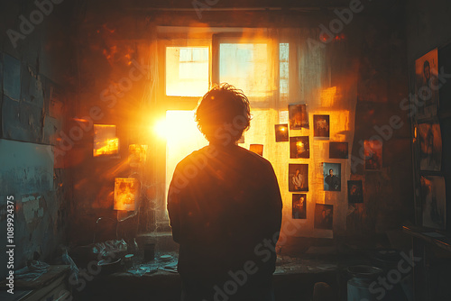 A silhouette of a person in a dark room surrounded by floating photos, capturing a flashback of memories with a nostalgic and cinematic atmosphere. 