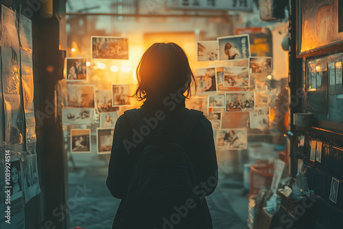 A silhouette of a person in a dark room surrounded by floating photos, capturing a flashback of memories with a nostalgic and cinematic atmosphere. 