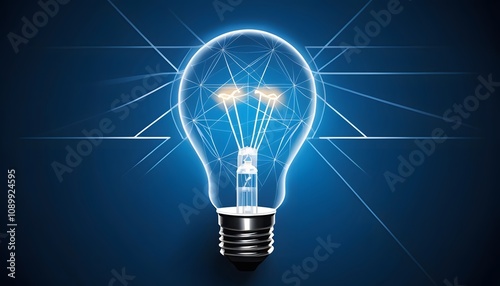 futuristic illustration of a light bulb, Lines of light from intricate lights connected to a larger network. Dark blue background