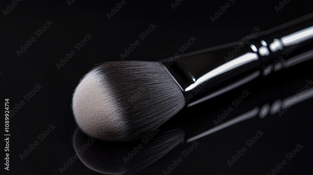Obraz premium A high-definition close-up of a makeup brush with soft, fine powder, set against a sleek black background, perfect for cosmetic brand advertising.