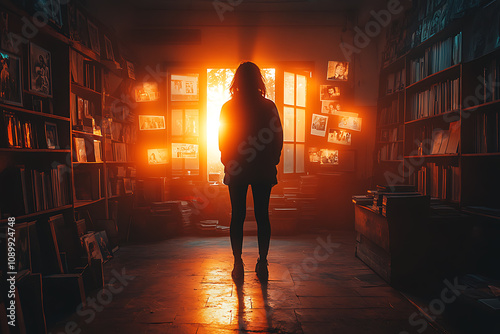 A silhouette of a person in a dark room surrounded by floating photos, capturing a flashback of memories with a nostalgic and cinematic atmosphere. 