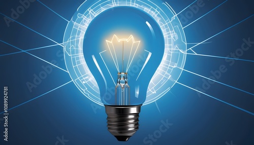 futuristic illustration of a light bulb, Lines of light from intricate lights connected to a larger network. Dark blue background
