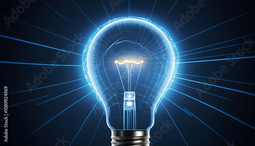 futuristic illustration of a light bulb, Lines of light from intricate lights connected to a larger network. Dark blue background