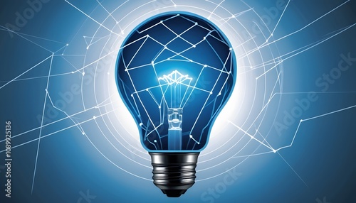 futuristic illustration of a light bulb, Lines of light from intricate lights connected to a larger network. Dark blue background