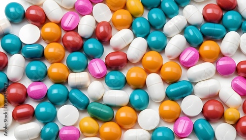 Background of colorful capsules and round medicines. The capsules are arranged randomly, The image is sharp and bright