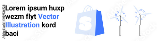 An image comprising placeholder text in black and blue with a blue shopping bag and two wind turbines on the right. Ideal for digital marketing, shopping, e-commerce, renewable energy, and graphic