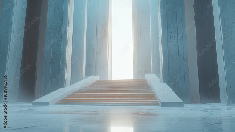Obraz premium Ethereal Interior of a Grand Hallway with Steps Leading to a Radiant Light Source, Capturing a Sense of Mystery and Vastness in Architectural Design