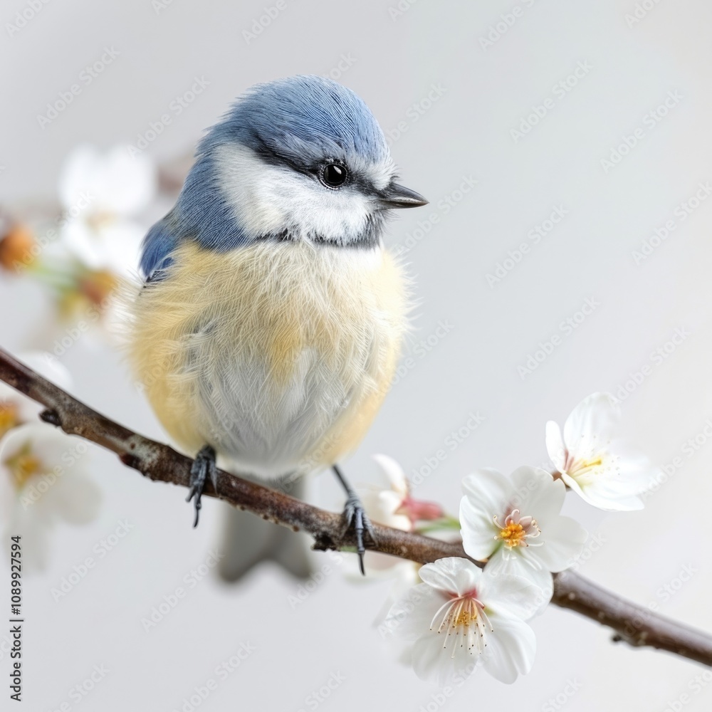 Fototapeta premium A fluffy blue tit perched delicately on a blossoming branch a serene spring scene.