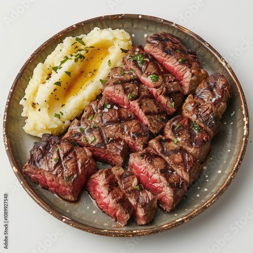 Fillet mignon steak with mashed potato on white plate photo