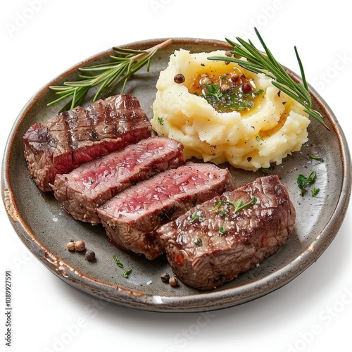 Fillet mignon steak with mashed potato on white plate photo