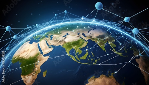 Digital photographic illustration of planet earth global communication network or connected data streams shining. Reach of modern technology.