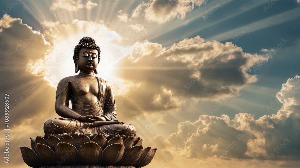 Fototapeta premium Buddha statue with cloud and sun rays background, copy space for text, ai