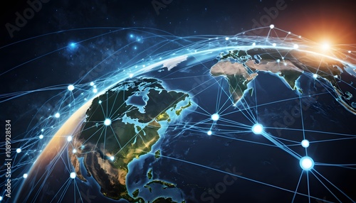 Digital photographic illustration of planet earth global communication network or connected data streams shining. Reach of modern technology.
