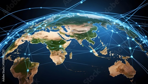 Digital photographic illustration of planet earth global communication network or connected data streams shining. Reach of modern technology.