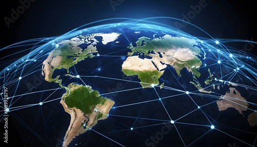 Digital photographic illustration of planet earth global communication network or connected data streams shining. Reach of modern technology.