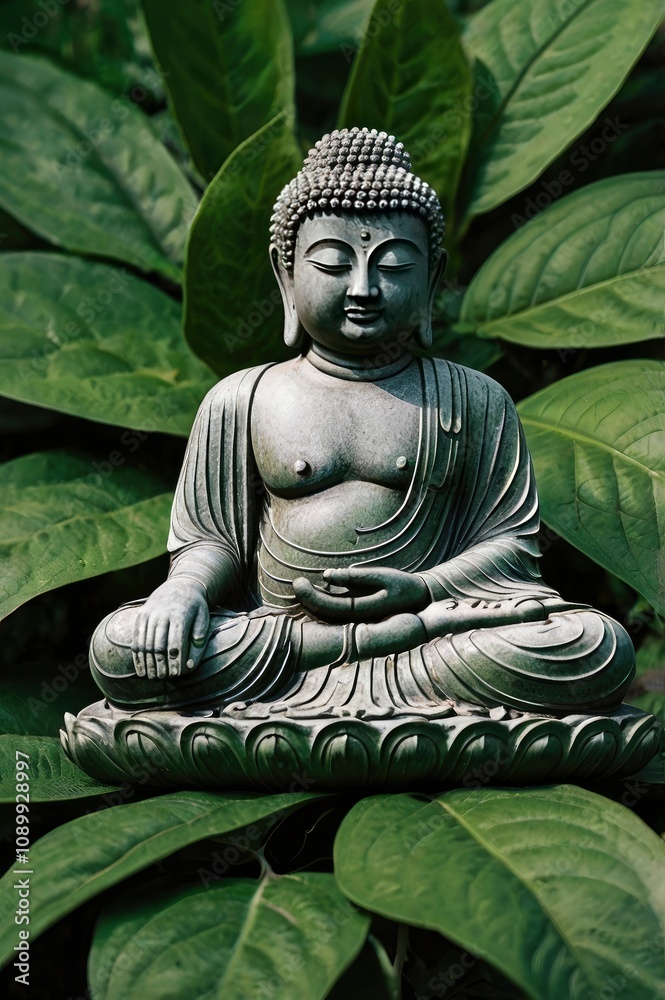 Obraz premium buddha in green leaf boarder, ai