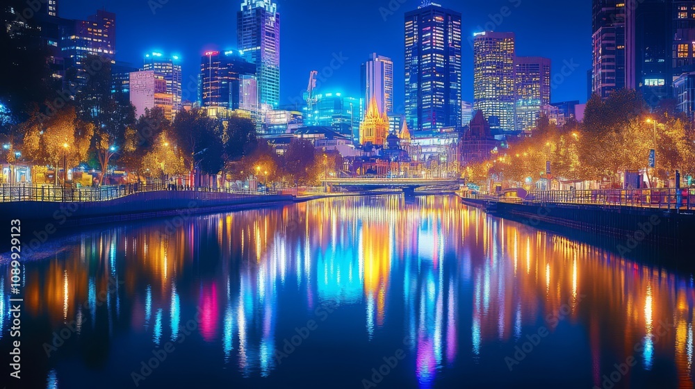 Fototapeta premium Night cityscape reflected in calm water. (1)
