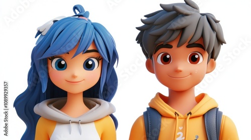 Anime Portrait Set Cute Male and Female Avatars Asian, japan, Man and Woman Faces Isolated on White Background