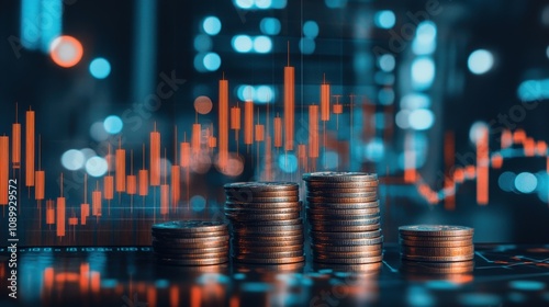 Stacks of Coins in Front of a Stock Market Chart photo