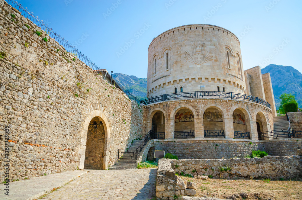 Beautiful Kruja castle and cozy yard with old houses in old town Kruja, Albania