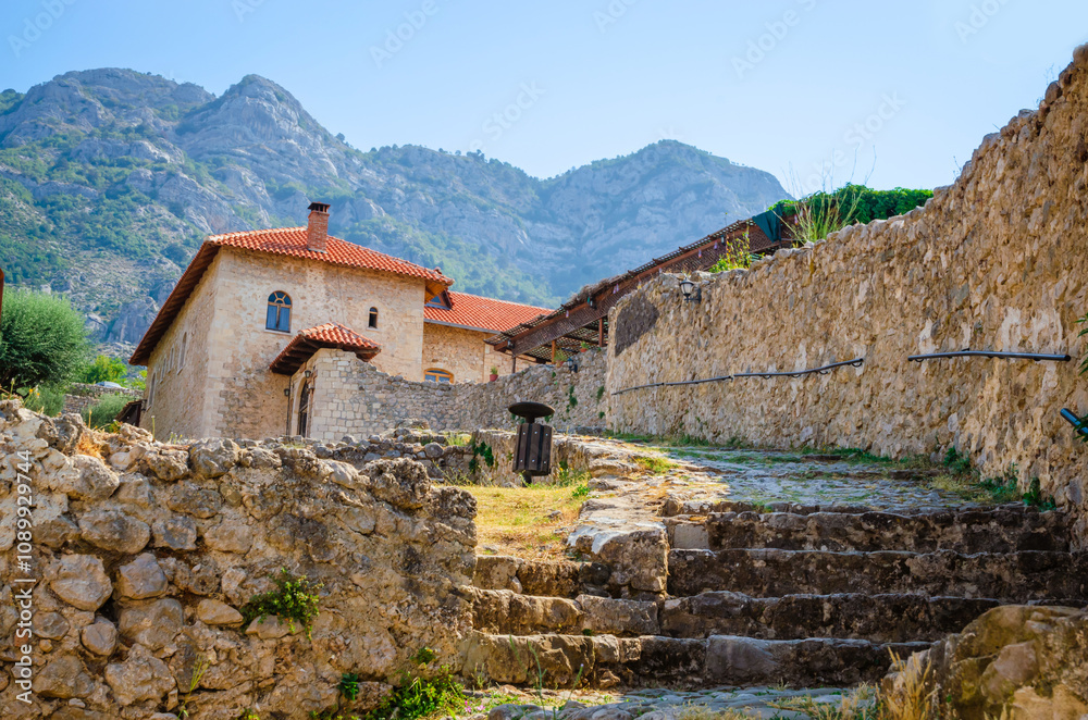 Beautiful old village near Kruja castle with traditional Albanian houses in Kruja, Albania