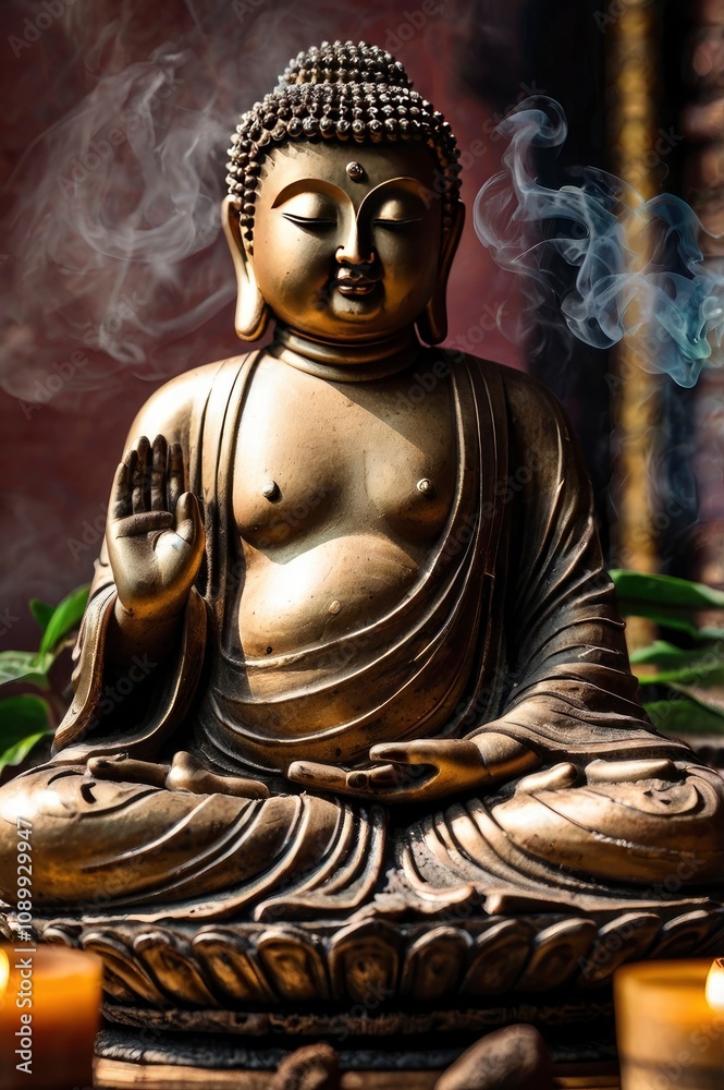Fototapeta premium Buddha image with incense, ai