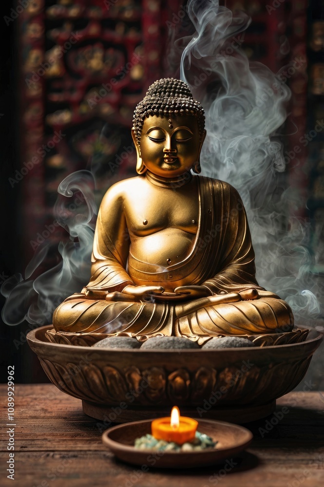 Fototapeta premium Buddha image with incense, ai