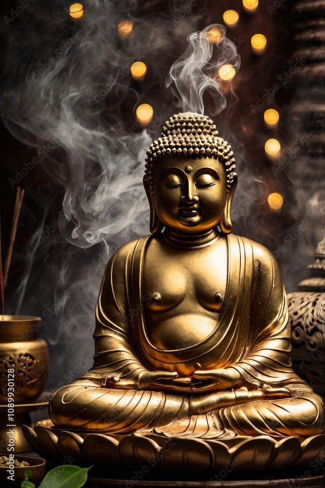 Fototapeta premium Buddha image with incense, ai