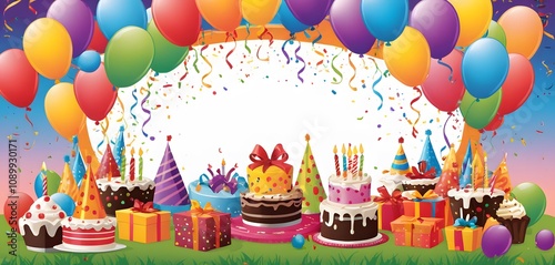 birthday background photo, cake and candles, colorful gifts, colorful balloons on top
