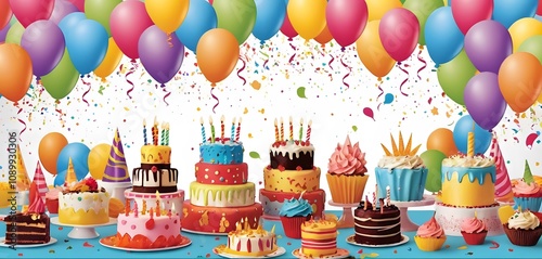 birthday background photo, cake and candles, colorful gifts, colorful balloons on top