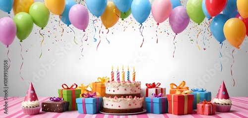 birthday background photo, cake and candles, colorful gifts, colorful balloons on top