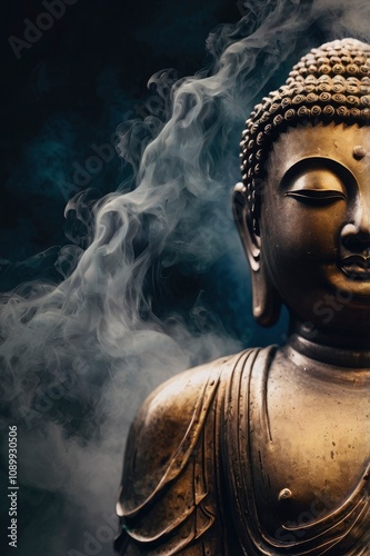 Mystical Buddha Background - ethereal colored gaseous vapours rising up with a partial Buddha head emerging from the darkness on left side and copy space on right, ai photo