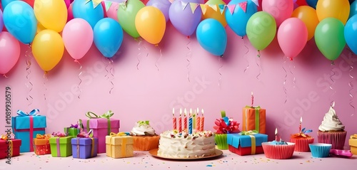 birthday background photo, cake and candles, colorful gifts, colorful balloons on top