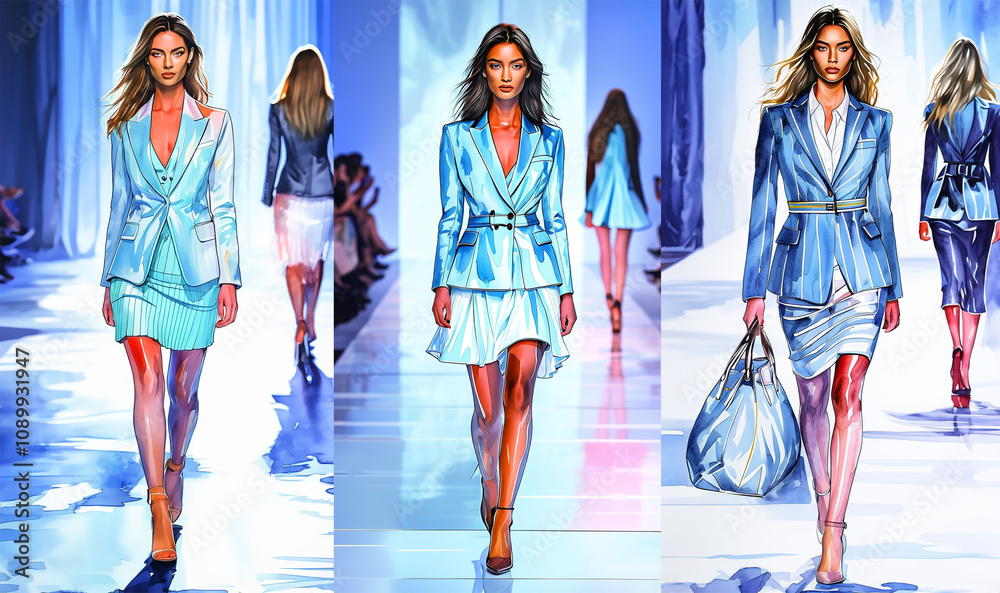 Fototapeta premium Fashion show, models walk the catwalk, showing off new skirt suits from the spring-summer collection, drawing