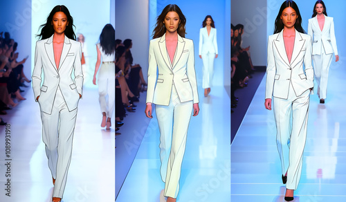 Fashion show, models walk the catwalk, demonstrating new pantsuits from the spring-summer collection, drawing photo