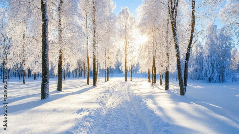 Obraz premium A Snowy Path Through a Sun-Drenched Winter Forest