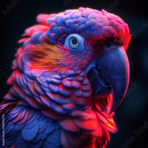 Beautiful parrot in neon lights, on a black background with brightly colored feathers photo