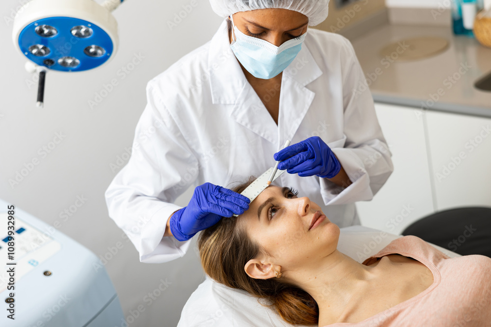 Naklejka premium Latin woman cosmetologist in face mask marking skin of young caucasian woman with white pencil and using ruler.