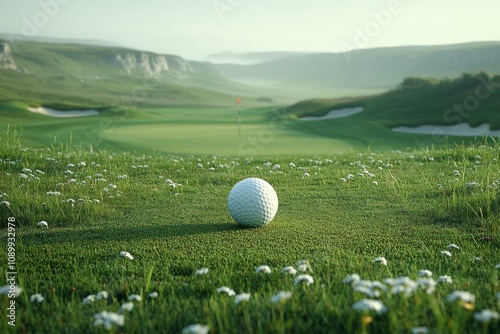  Golf ball on lush green fairway with distant flagstick during peaceful morning, ideal for promoting outdoor sports.