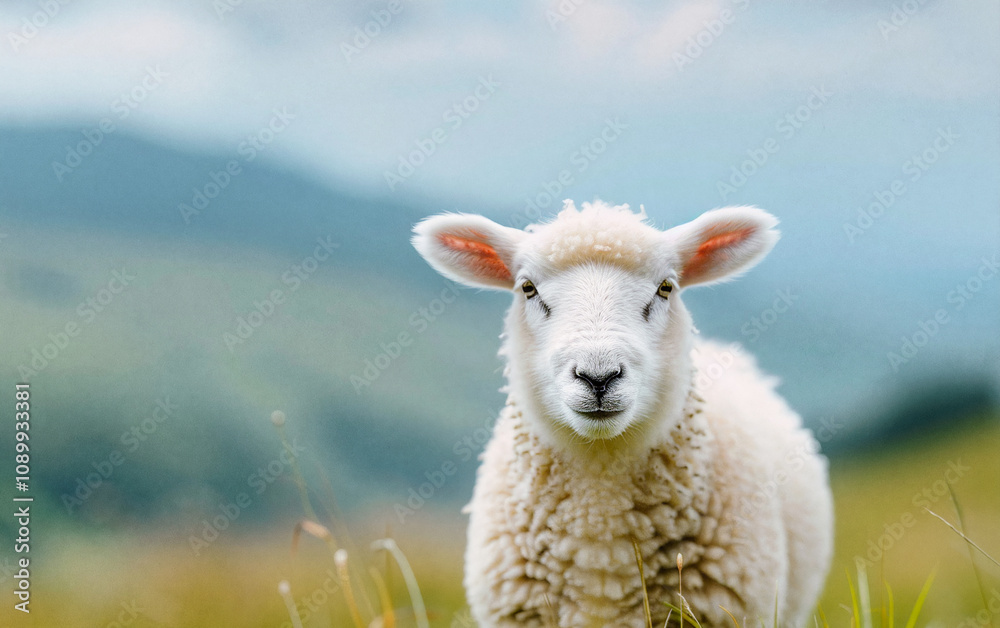 Fototapeta premium Close-up photo of a sheep on a flower field with a blurred background