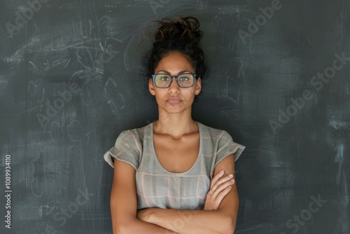  Confident teacher standing against chalkboard in classroom setting, wearing glasses and casual attire, educational theme photo