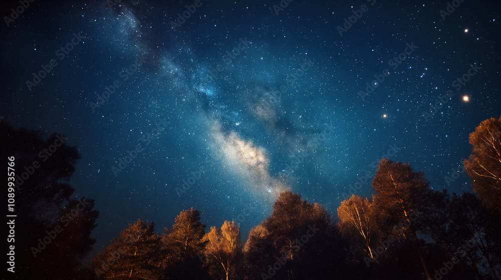Fototapeta premium A breathtaking view of the Milky Way galaxy illuminates the night sky above towering trees, creating a tranquil atmosphere - Generative AI