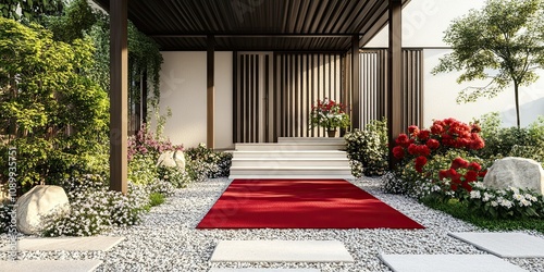 luxury red carpet in entrance grey and ceam elegant traditional wooden pavilion with stairs, elegant paving stones and different flowers on the garden  photo