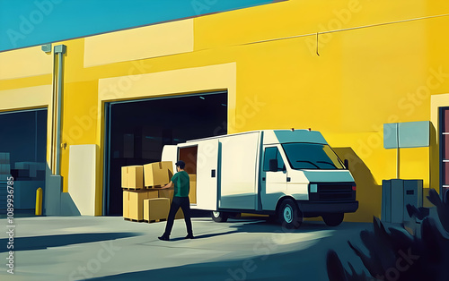 A delivery man unloads cardboard boxes from a white van parked outside a yellow warehouse. photo