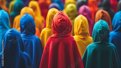 Brightly colored cape-wearing child standing out in a sea of emotionless adults, urban landscape, showcasing individuality and confidence photo